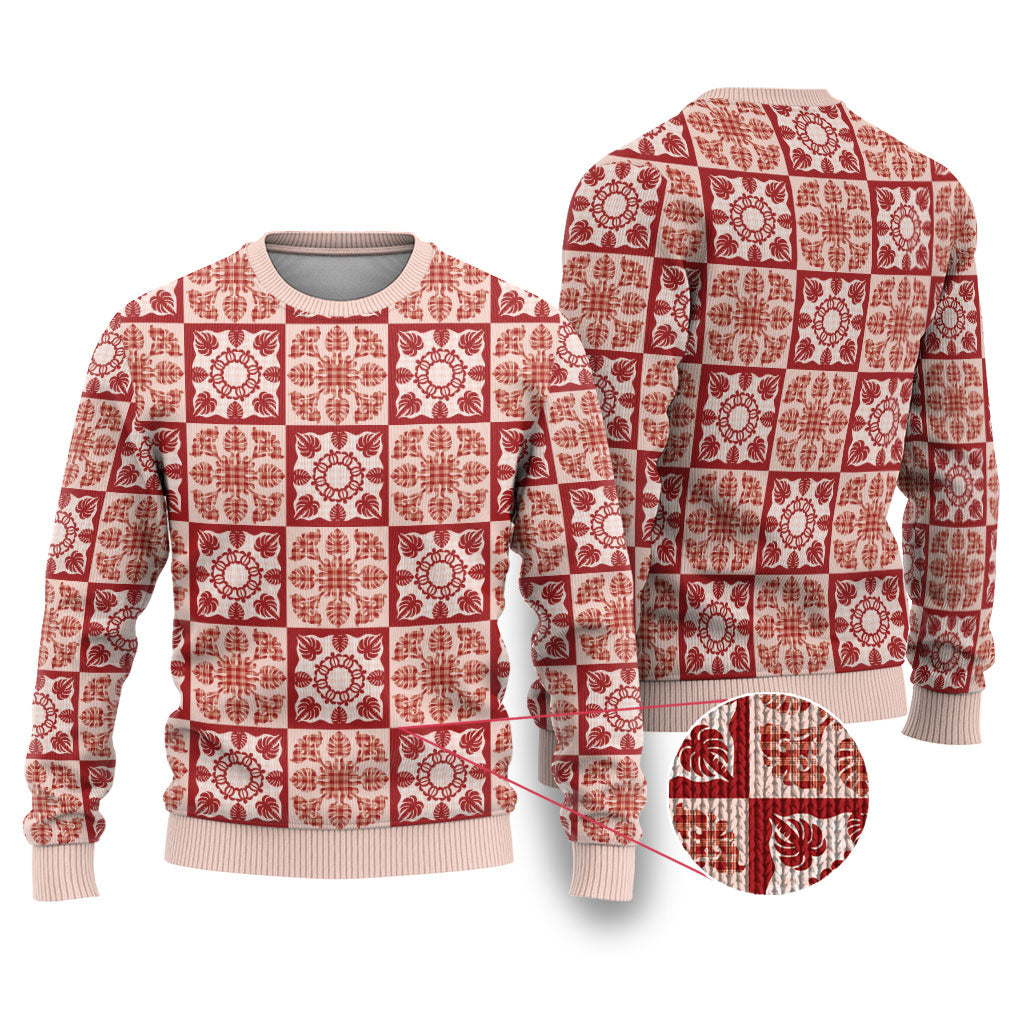 Ulaula Palaka Quilt Hawaii Ugly Christmas Sweater Hawaiian Tropical Monstera Sea Turtle LT14 Red - Polynesian Pride
