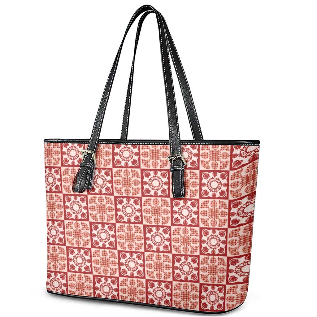 Ulaula Palaka Quilt Hawaii Leather Tote Bag Hawaiian Tropical Monstera Sea Turtle