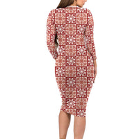 Ulaula Palaka Quilt Hawaii Long Sleeve Bodycon Dress Hawaiian Tropical Monstera Sea Turtle LT14 - Polynesian Pride