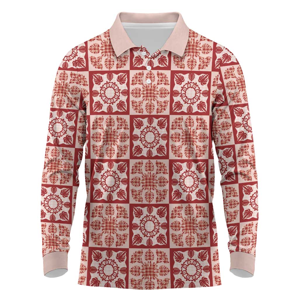 Ulaula Palaka Quilt Hawaii Long Sleeve Polo Shirt Hawaiian Tropical Monstera Sea Turtle