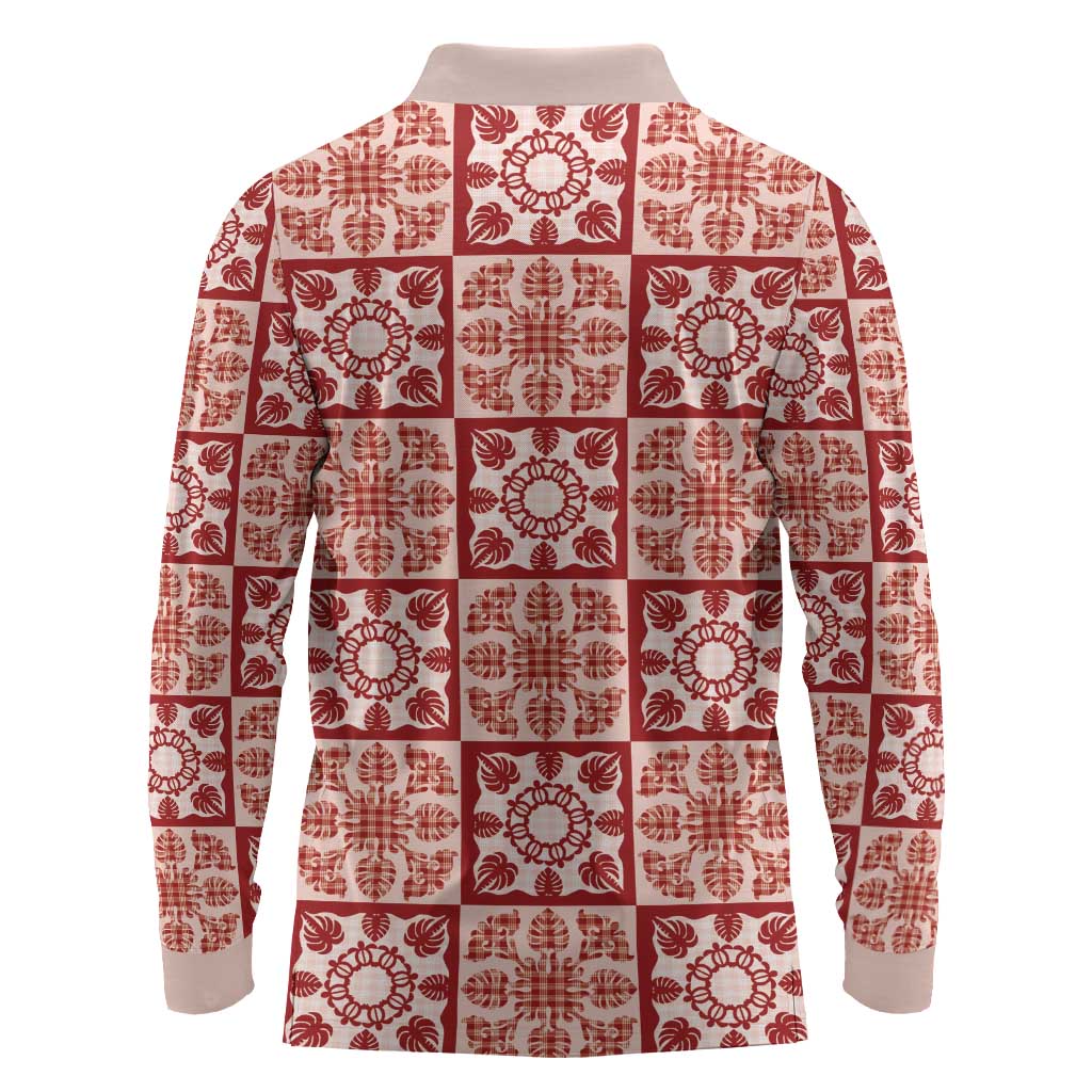 Ulaula Palaka Quilt Hawaii Long Sleeve Polo Shirt Hawaiian Tropical Monstera Sea Turtle LT14 - Polynesian Pride