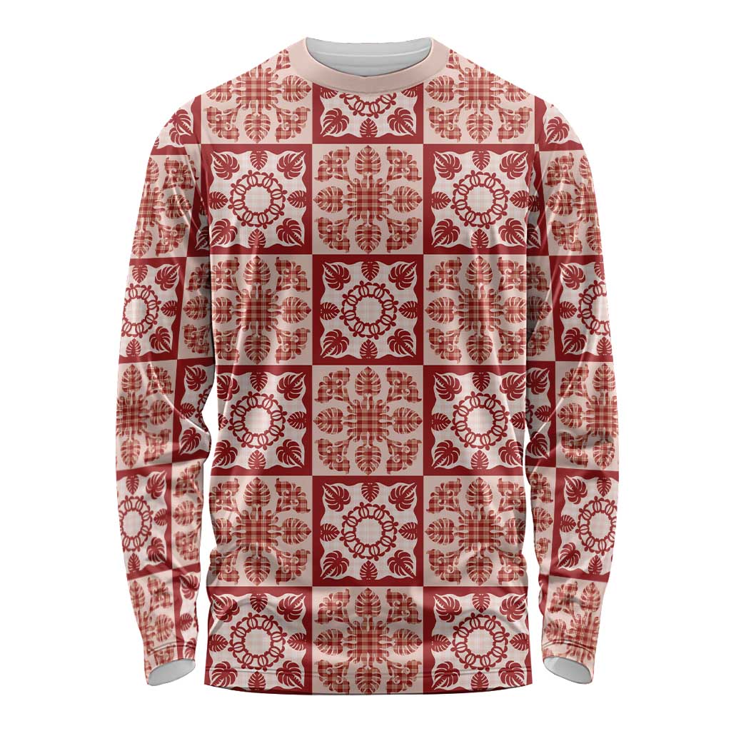Ulaula Palaka Quilt Hawaii Long Sleeve Shirt Hawaiian Tropical Monstera Sea Turtle LT14 Unisex Red - Polynesian Pride