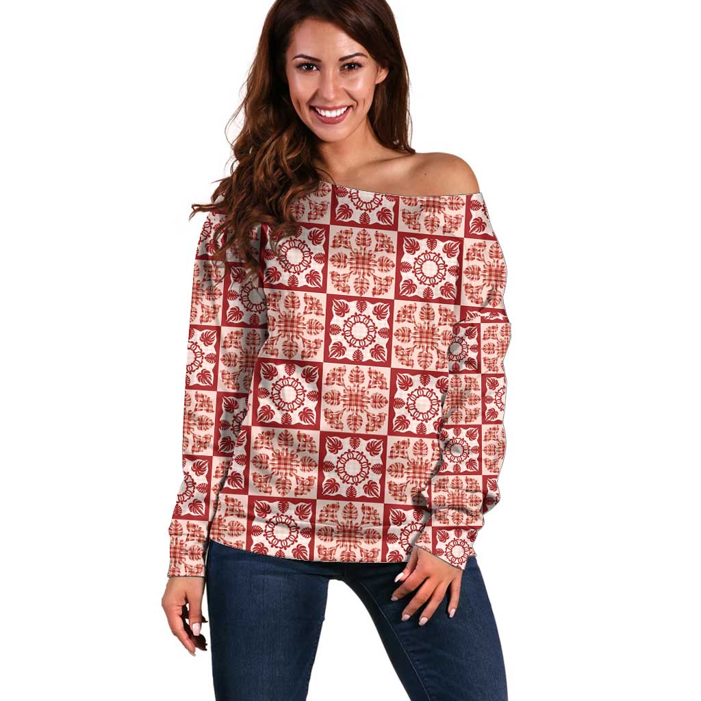 Ulaula Palaka Quilt Hawaii Off Shoulder Sweater Hawaiian Tropical Monstera Sea Turtle