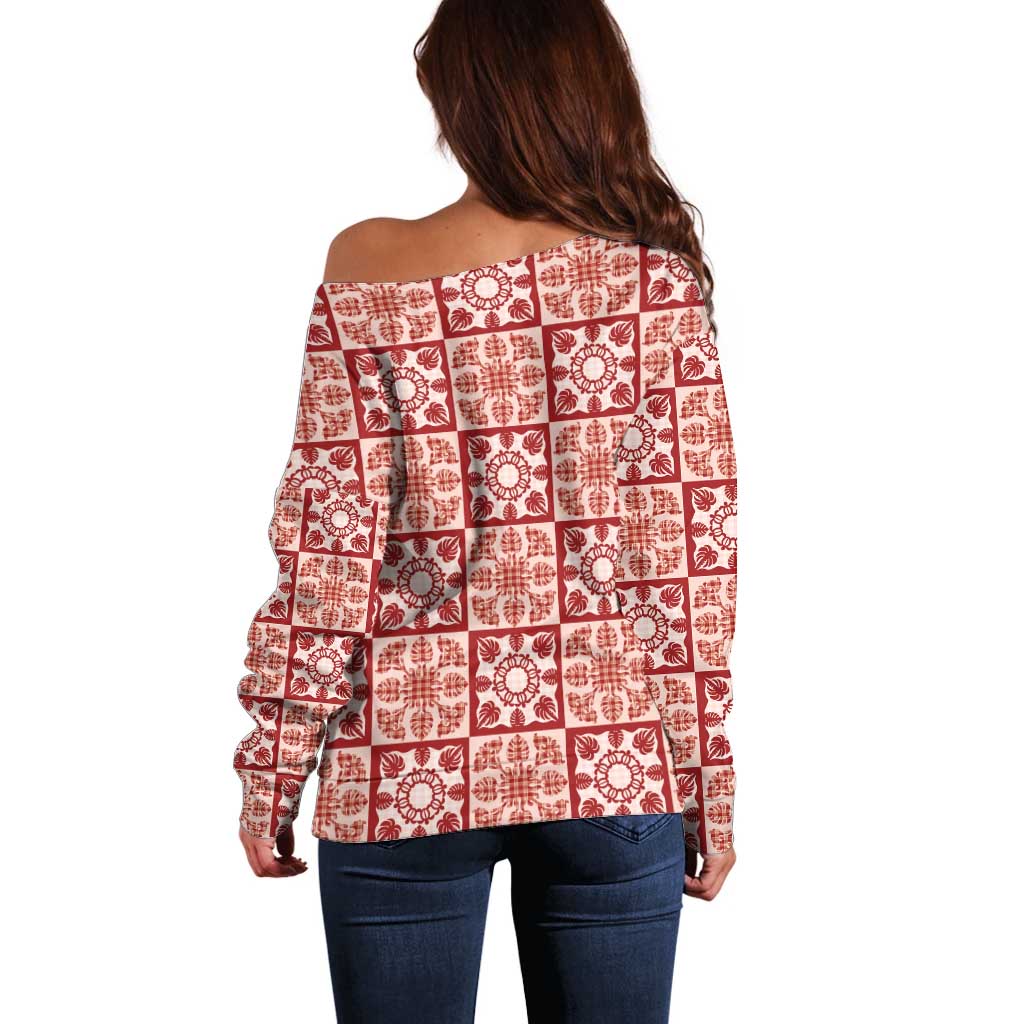 Ulaula Palaka Quilt Hawaii Off Shoulder Sweater Hawaiian Tropical Monstera Sea Turtle