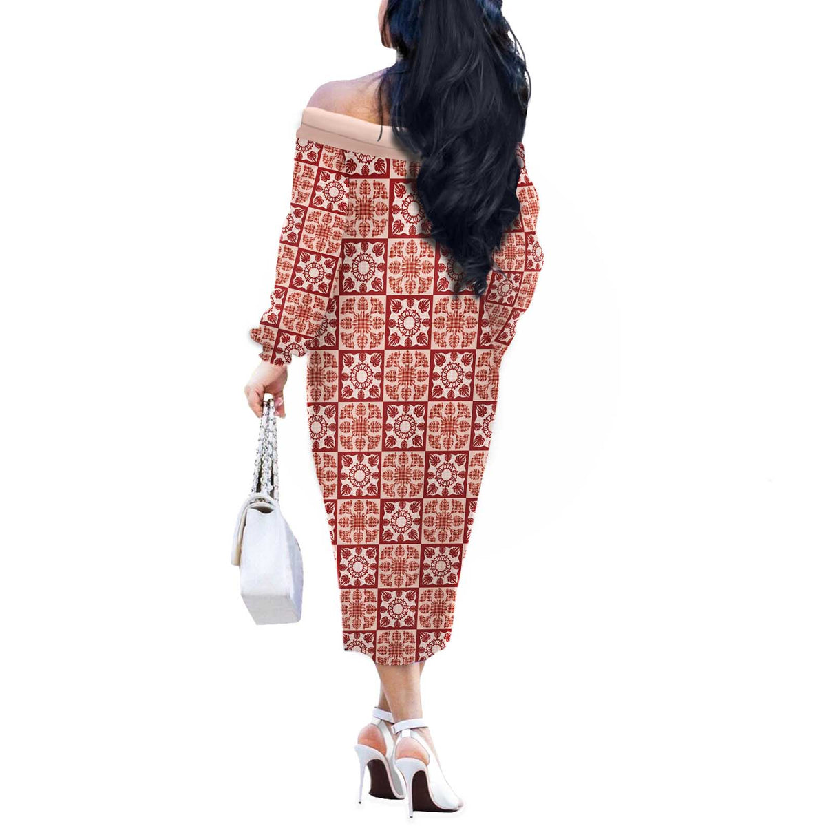 Ulaula Palaka Quilt Hawaii Off The Shoulder Long Sleeve Dress Hawaiian Tropical Monstera Sea Turtle LT14 - Polynesian Pride