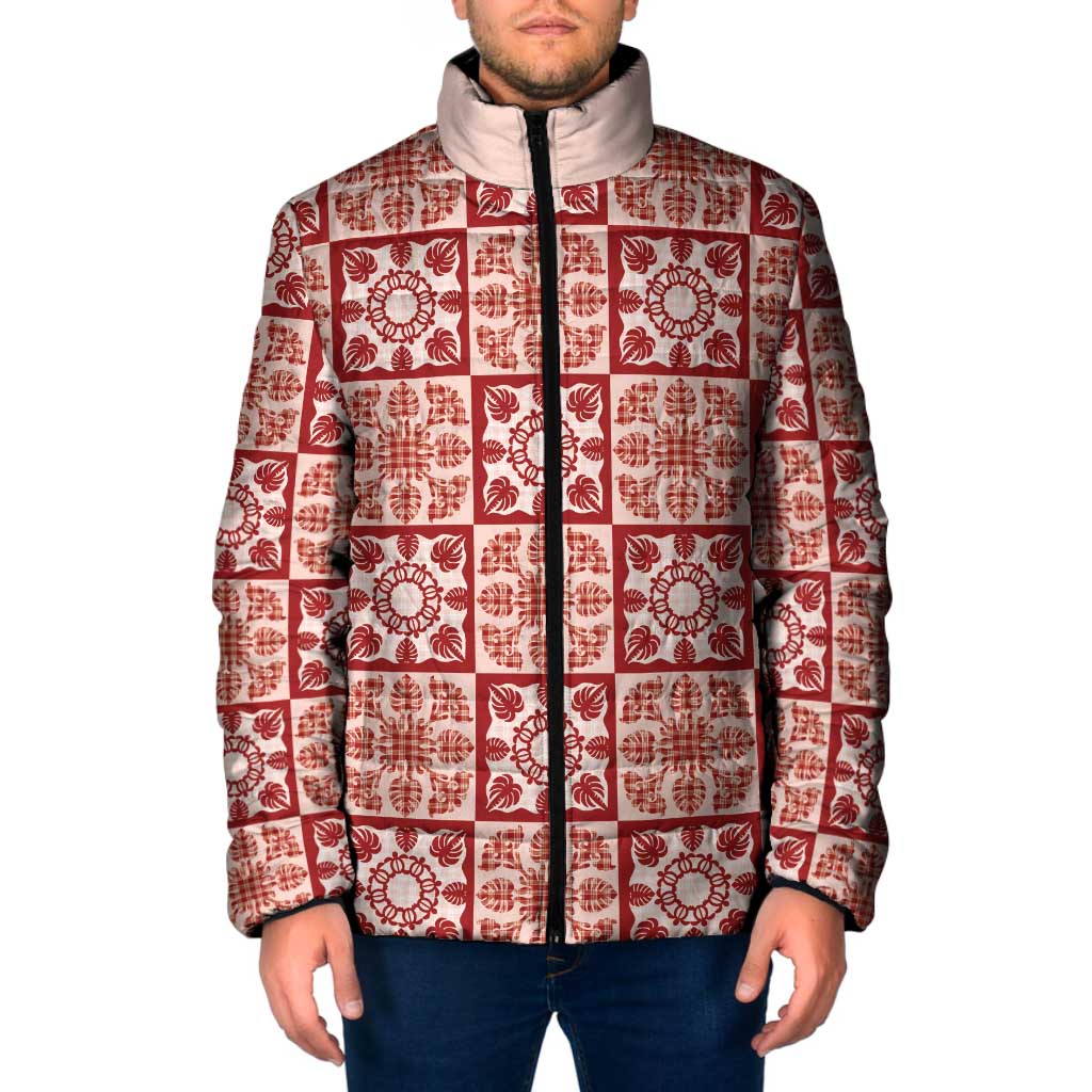Ulaula Palaka Quilt Hawaii Padded Jacket Hawaiian Tropical Monstera Sea Turtle LT14 Men Red - Polynesian Pride