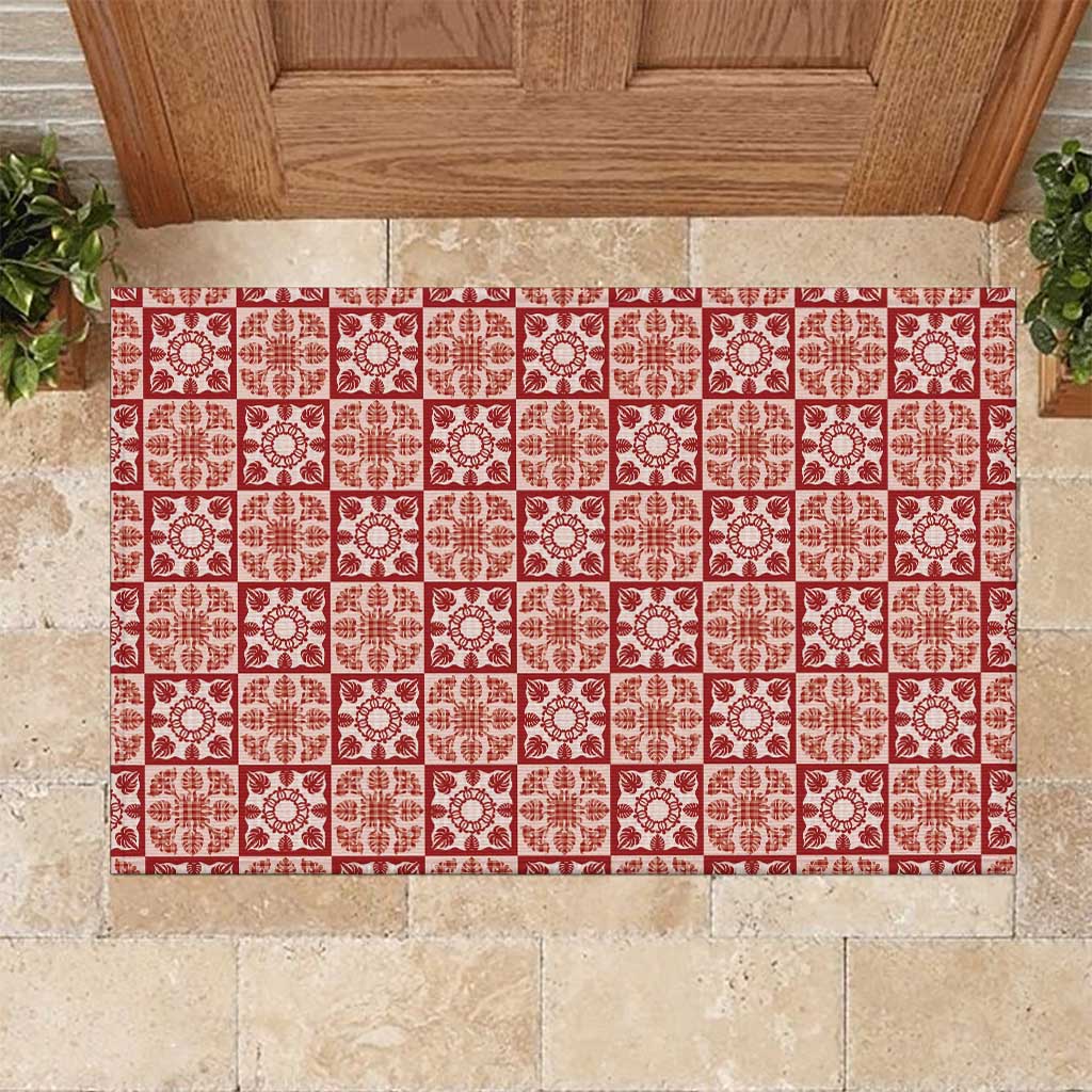 Ulaula Palaka Quilt Hawaii Rubber Doormat Hawaiian Tropical Monstera Sea Turtle LT14 Red - Polynesian Pride