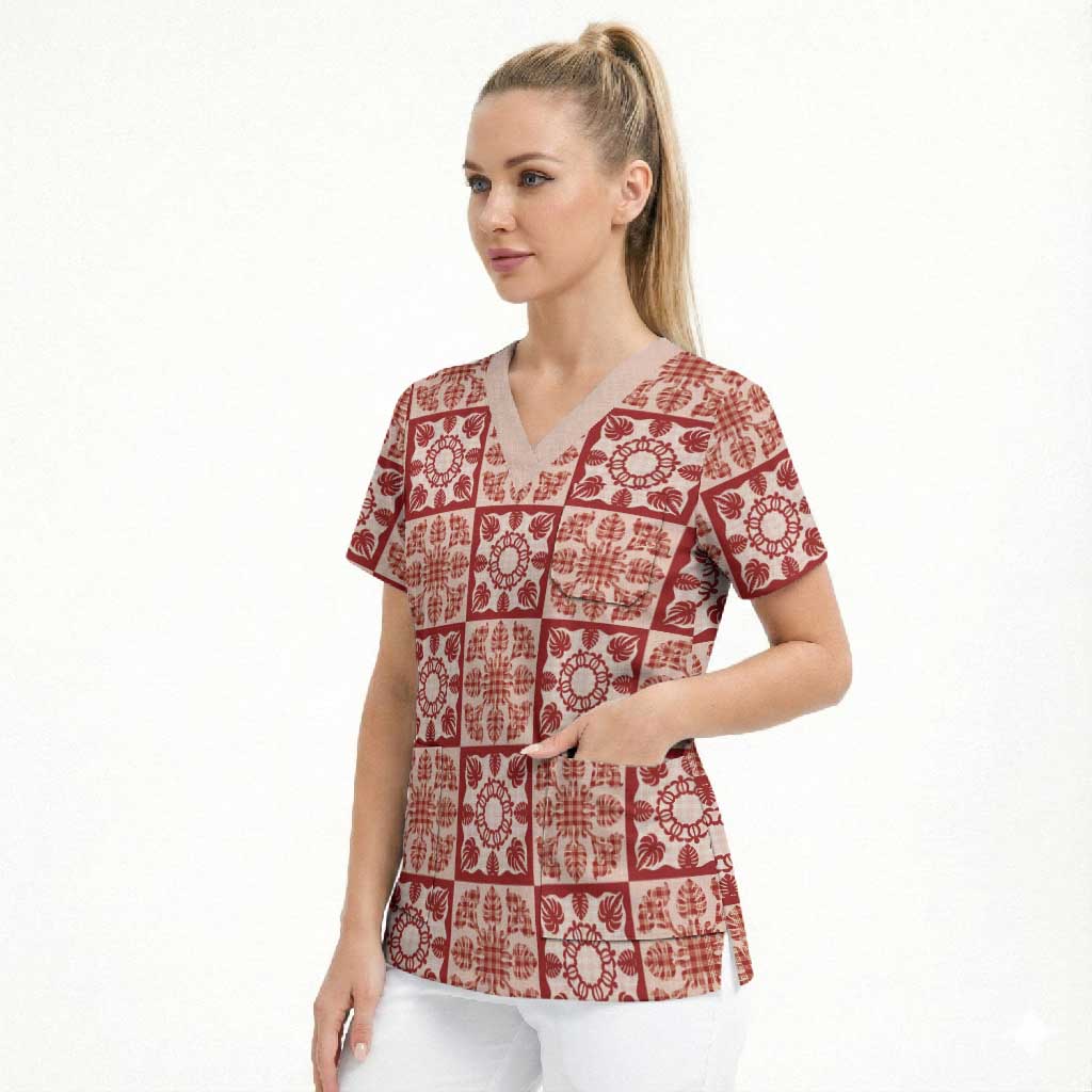 Ulaula Palaka Quilt Hawaii Scrub Top Hawaiian Tropical Monstera Sea Turtle