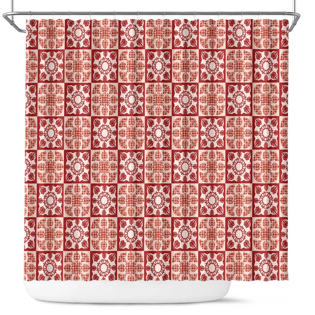 Ulaula Palaka Quilt Hawaii Shower Curtain Hawaiian Tropical Monstera Sea Turtle LT14 Red - Polynesian Pride
