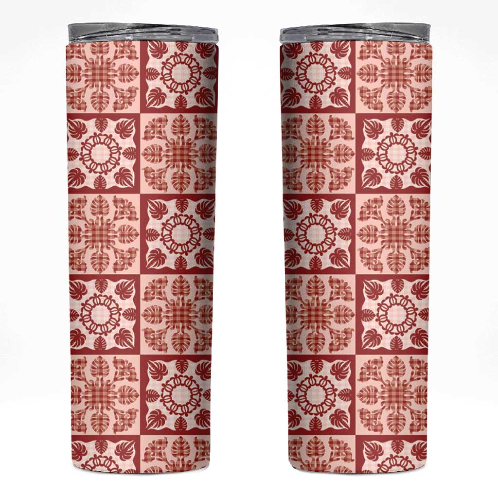Ulaula Palaka Quilt Hawaii Skinny Tumbler Hawaiian Tropical Monstera Sea Turtle LT14 Red - Polynesian Pride