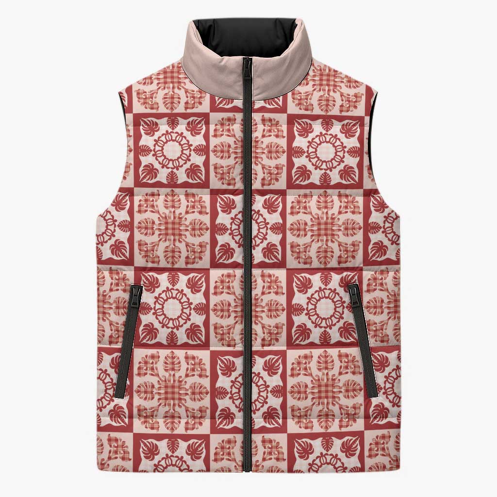Ulaula Palaka Quilt Hawaii Sleeveless Puffer Jacket Hawaiian Tropical Monstera Sea Turtle LT14 Unisex Red - Polynesian Pride