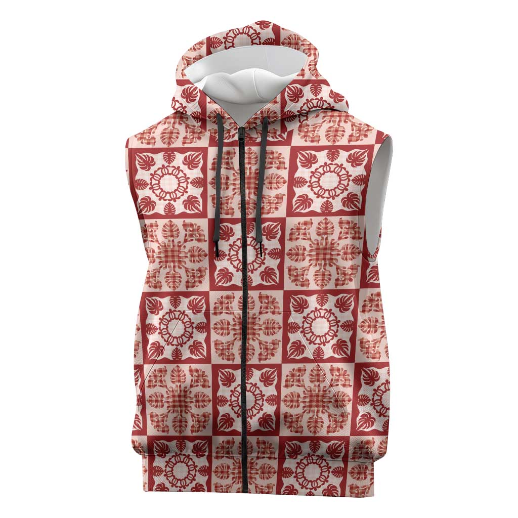 Ulaula Palaka Quilt Hawaii Sleeveless Zip Hoodie Hawaiian Tropical Monstera Sea Turtle LT14 Red - Polynesian Pride