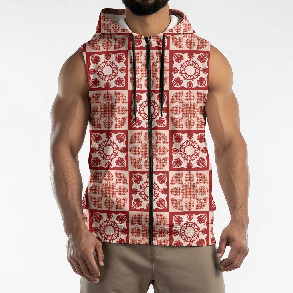 Ulaula Palaka Quilt Hawaii Sleeveless Zip Hoodie Hawaiian Tropical Monstera Sea Turtle LT14 - Polynesian Pride