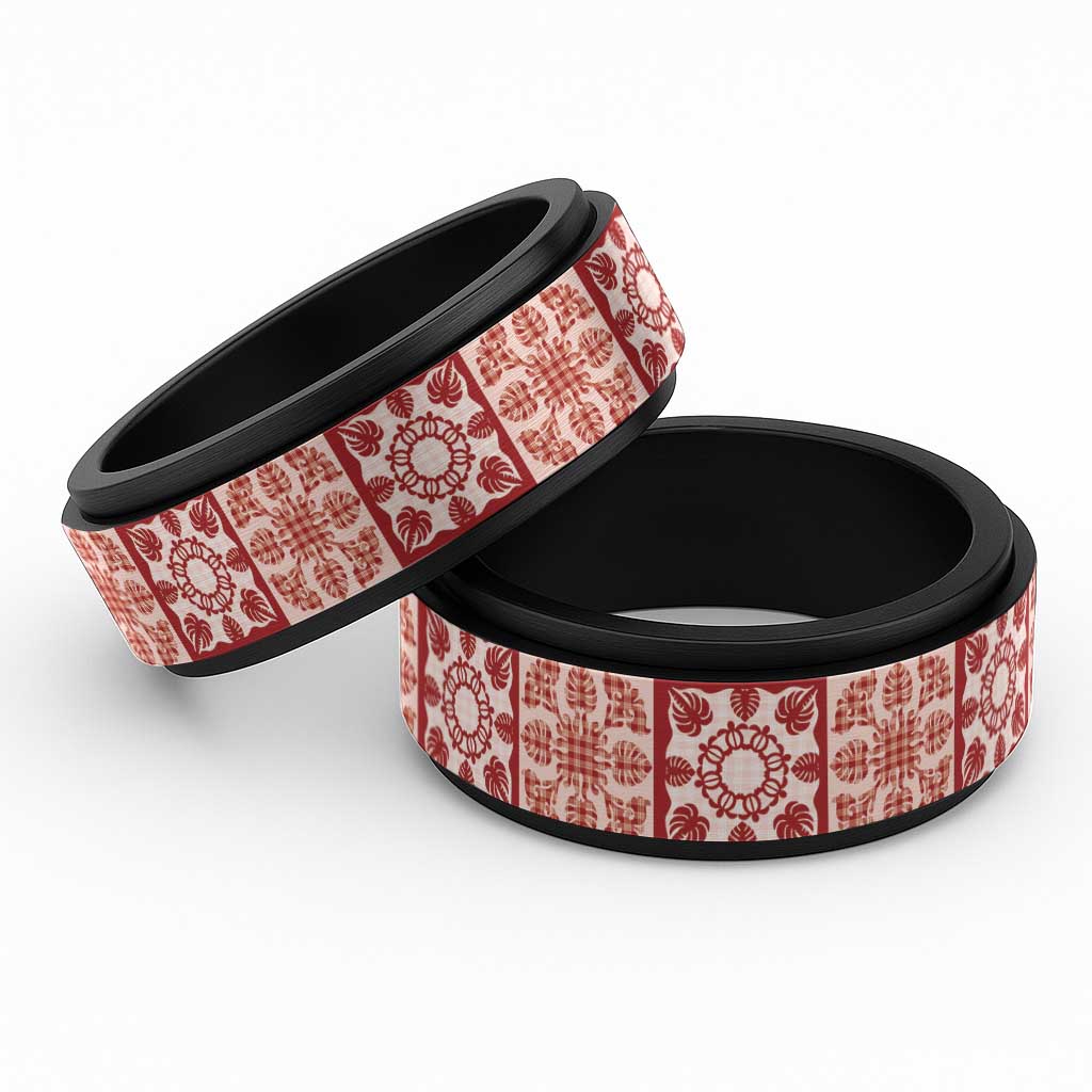 Ulaula Palaka Quilt Hawaii Spinner Ring Hawaiian Tropical Monstera Sea Turtle LT14 Black Red - Polynesian Pride