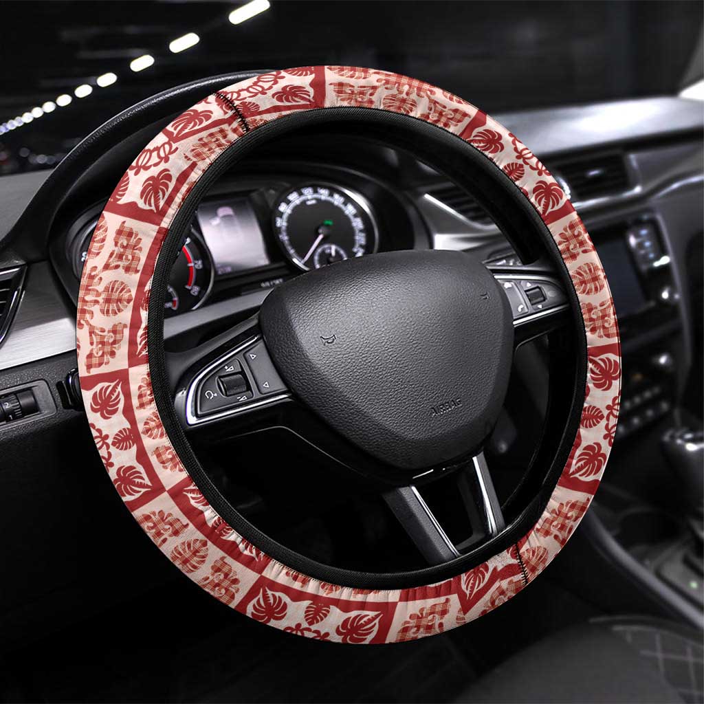 Ulaula Palaka Quilt Hawaii Steering Wheel Cover Hawaiian Tropical Monstera Sea Turtle LT14 Universal Fit Red - Polynesian Pride