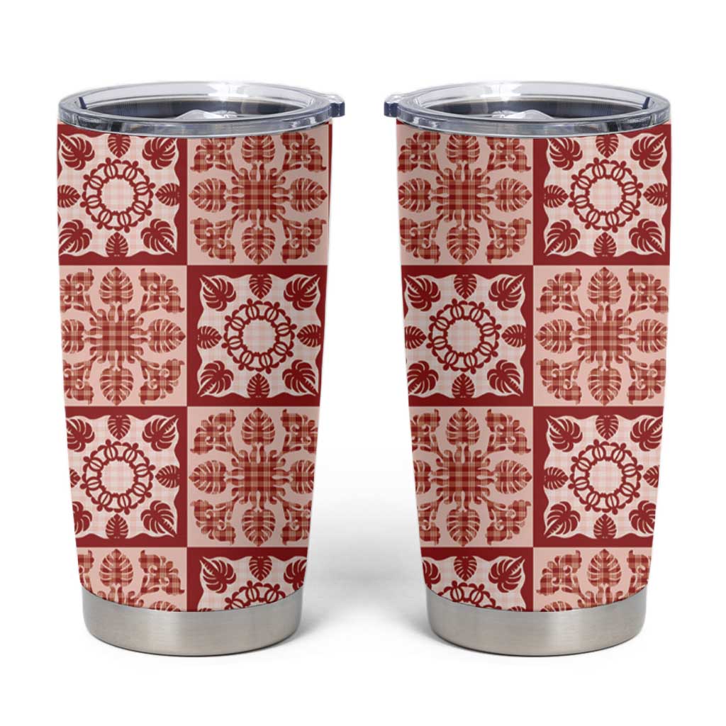 Ulaula Palaka Quilt Hawaii Tumbler Cup Hawaiian Tropical Monstera Sea Turtle LT14 Red - Polynesian Pride