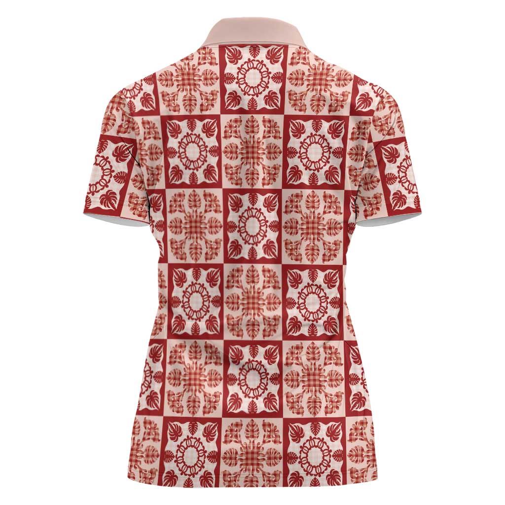 Ulaula Palaka Quilt Hawaii Women Polo Shirt Hawaiian Tropical Monstera Sea Turtle LT14 - Polynesian Pride