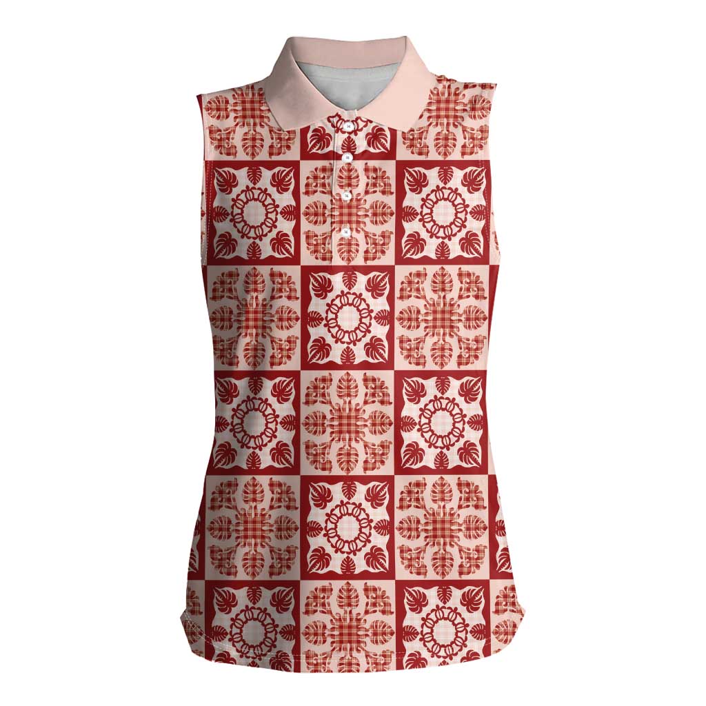 Ulaula Palaka Quilt Hawaii Women Sleeveless Polo Shirt Hawaiian Tropical Monstera Sea Turtle LT14 Female Red - Polynesian Pride