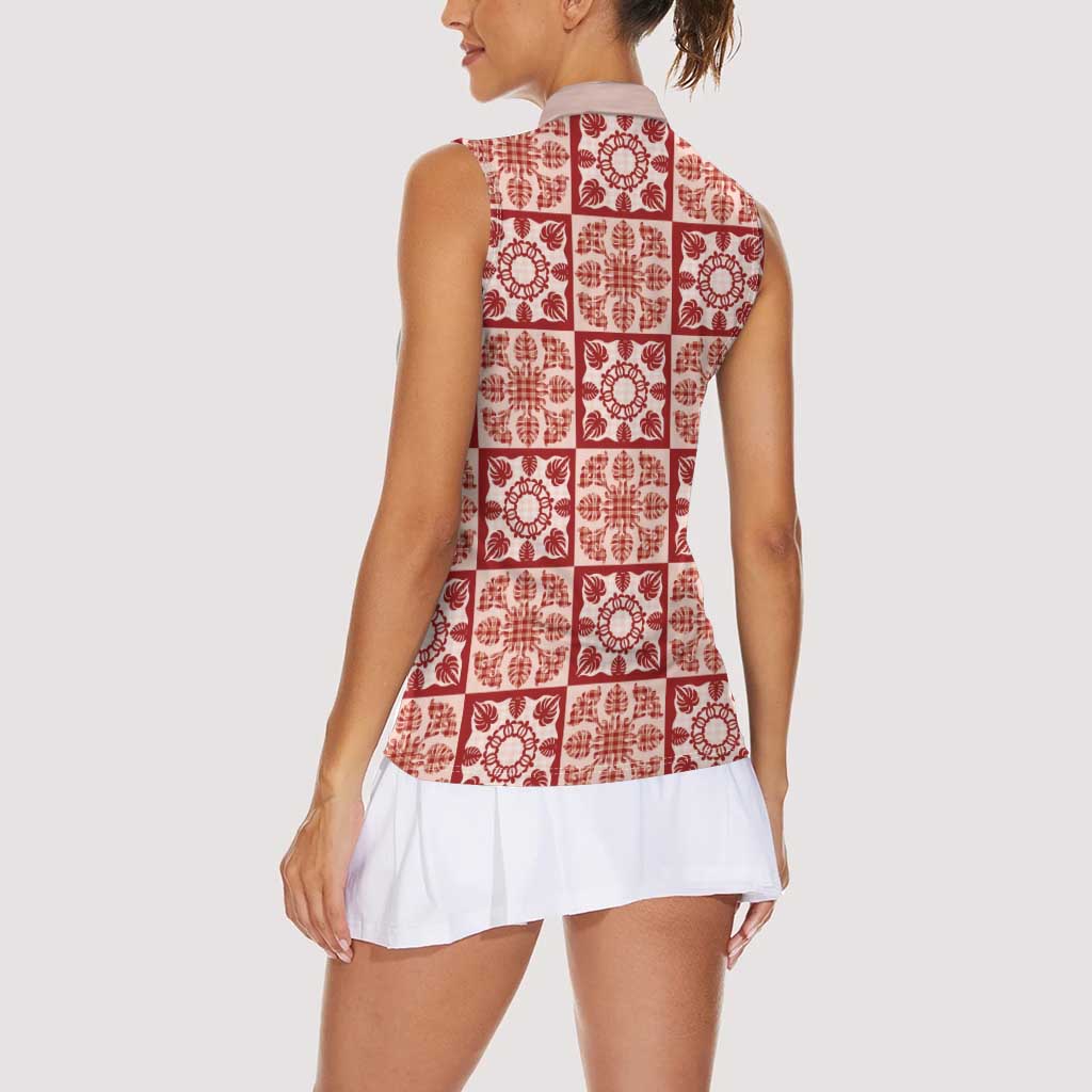 Ulaula Palaka Quilt Hawaii Women Sleeveless Polo Shirt Hawaiian Tropical Monstera Sea Turtle LT14 - Polynesian Pride