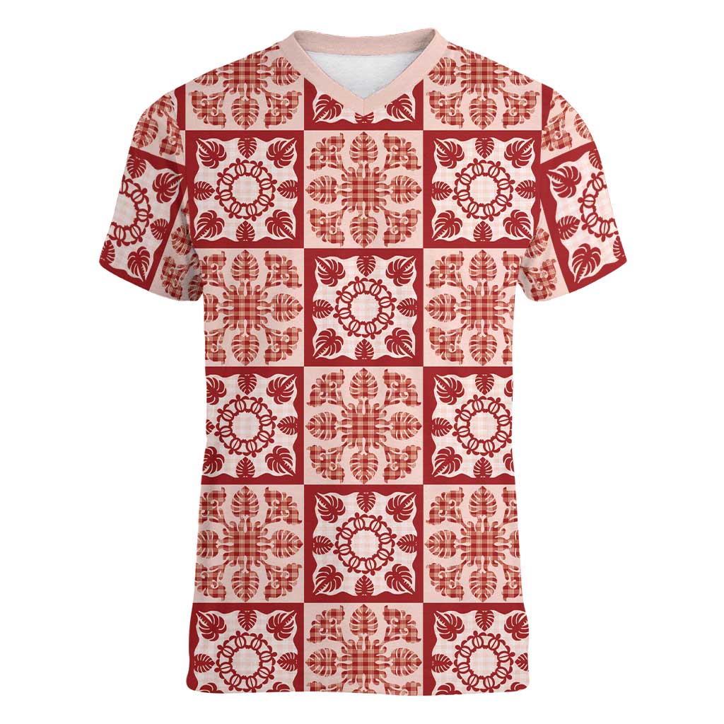 Ulaula Palaka Quilt Hawaii Women V-Neck T-Shirt Hawaiian Tropical Monstera Sea Turtle LT14 Female Red - Polynesian Pride