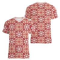 Ulaula Palaka Quilt Hawaii Women V-Neck T-Shirt Hawaiian Tropical Monstera Sea Turtle LT14 - Polynesian Pride