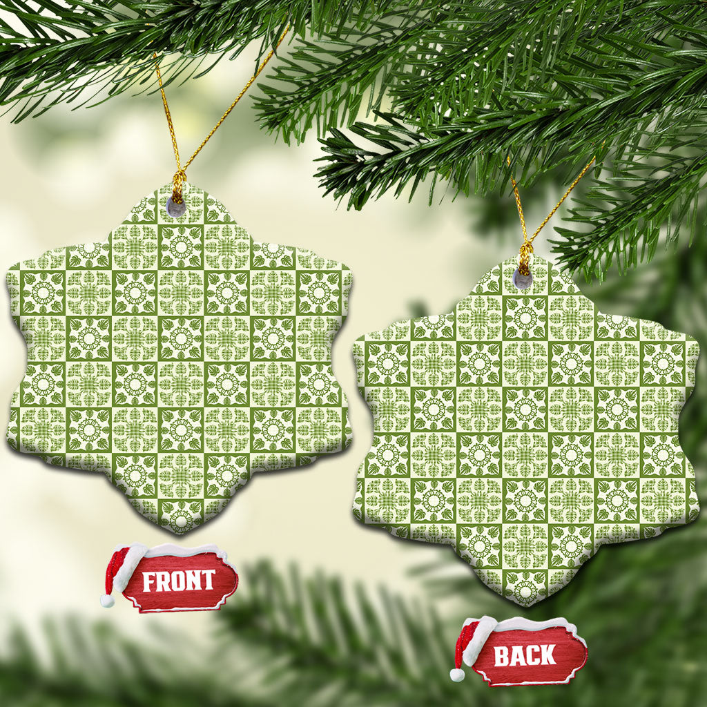Omaomao Palaka Quilt Hawaii Ceramic Ornament Hawaiian Tropical Monstera Sea Turtle LT14 Snow Flake Green - Polynesian Pride