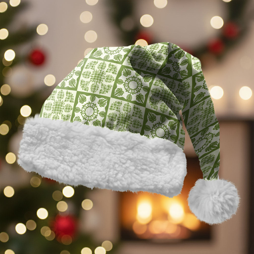 Omaomao Palaka Quilt Hawaii Christmas Santa Hat Hawaiian Tropical Monstera Sea Turtle LT14 With Fur Green - Polynesian Pride