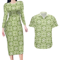 Omaomao Palaka Quilt Hawaii Couples Matching Long Sleeve Bodycon Dress and Hawaiian Shirt Hawaiian Tropical Monstera Sea Turtle LT14 Green - Polynesian Pride
