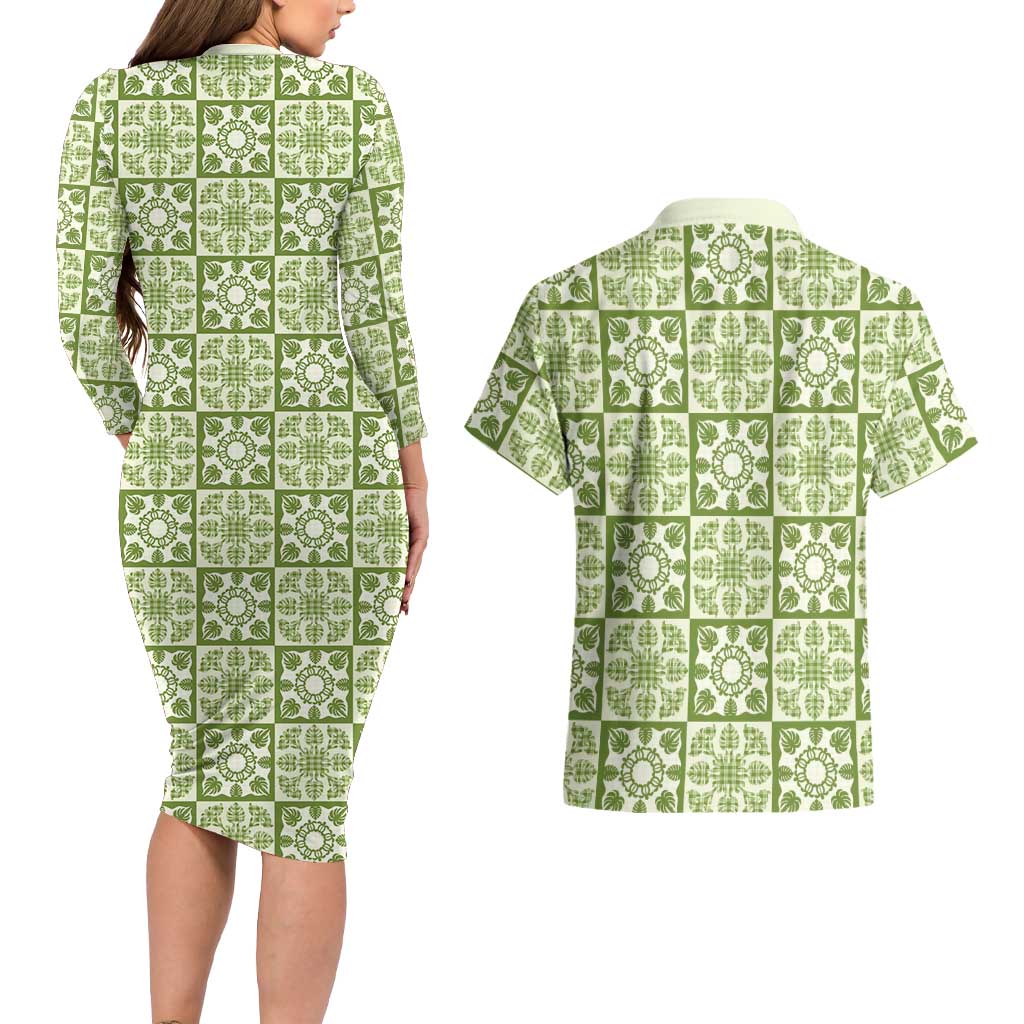 Omaomao Palaka Quilt Hawaii Couples Matching Long Sleeve Bodycon Dress and Hawaiian Shirt Hawaiian Tropical Monstera Sea Turtle LT14 - Polynesian Pride