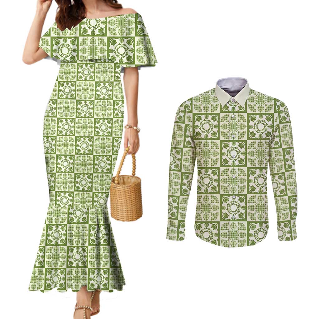 Omaomao Palaka Quilt Hawaii Couples Matching Mermaid Dress and Long Sleeve Button Shirt Hawaiian Tropical Monstera Sea Turtle LT14 Green - Polynesian Pride