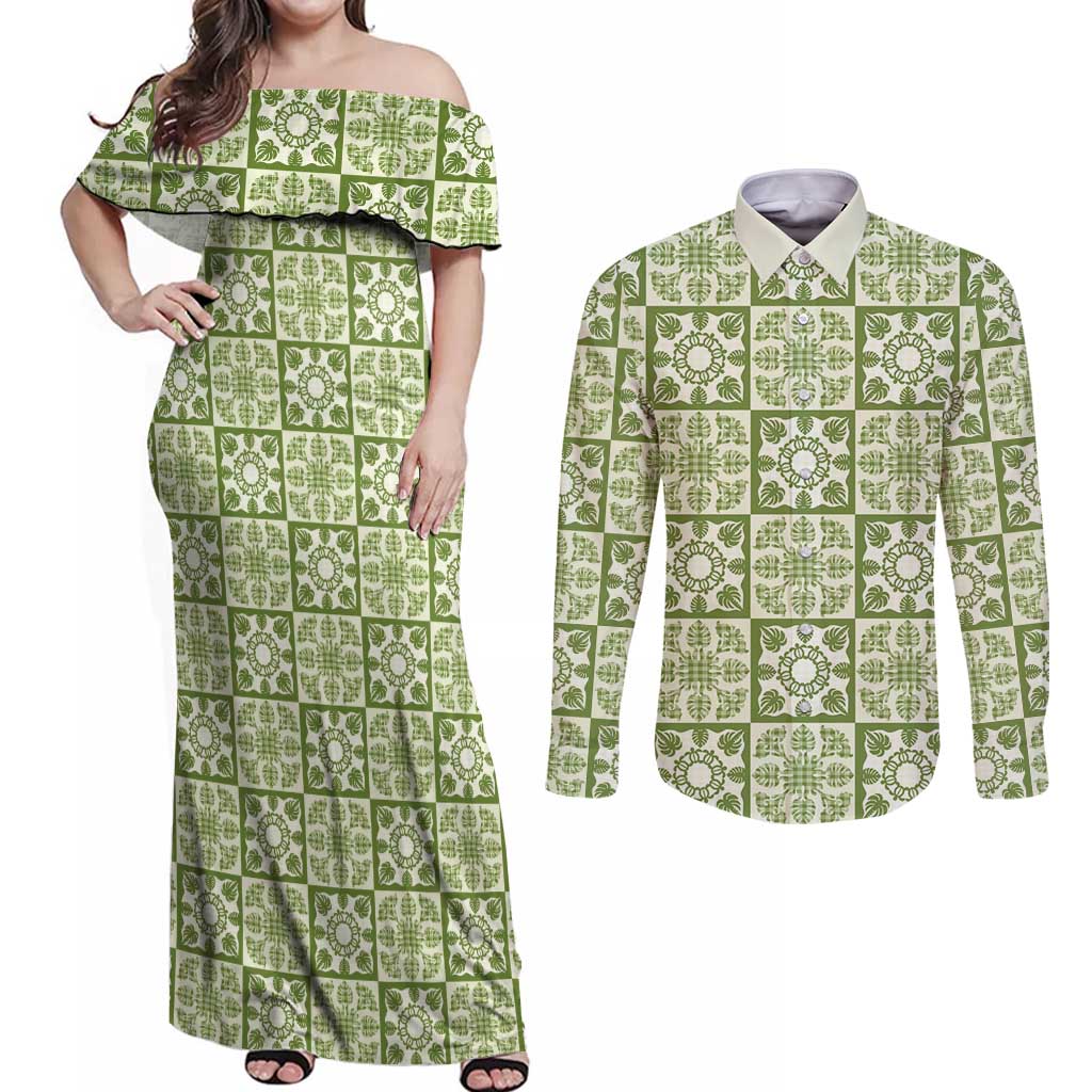 Omaomao Palaka Quilt Hawaii Couples Matching Off Shoulder Maxi Dress and Long Sleeve Button Shirt Hawaiian Tropical Monstera Sea Turtle LT14 Green - Polynesian Pride
