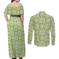 Omaomao Palaka Quilt Hawaii Couples Matching Off Shoulder Maxi Dress and Long Sleeve Button Shirt Hawaiian Tropical Monstera Sea Turtle LT14 - Polynesian Pride
