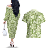 Omaomao Palaka Quilt Hawaii Couples Matching Off The Shoulder Long Sleeve Dress and Hawaiian Shirt Hawaiian Tropical Monstera Sea Turtle LT14 - Polynesian Pride