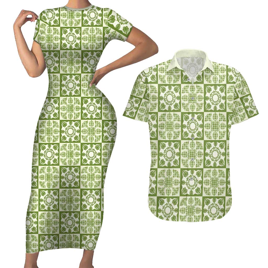 Omaomao Palaka Quilt Hawaii Couples Matching Short Sleeve Bodycon Dress and Hawaiian Shirt Hawaiian Tropical Monstera Sea Turtle LT14 Green - Polynesian Pride