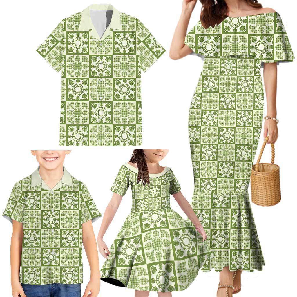 Omaomao Palaka Quilt Hawaii Family Matching Mermaid Dress and Hawaiian Shirt Hawaiian Tropical Monstera Sea Turtle