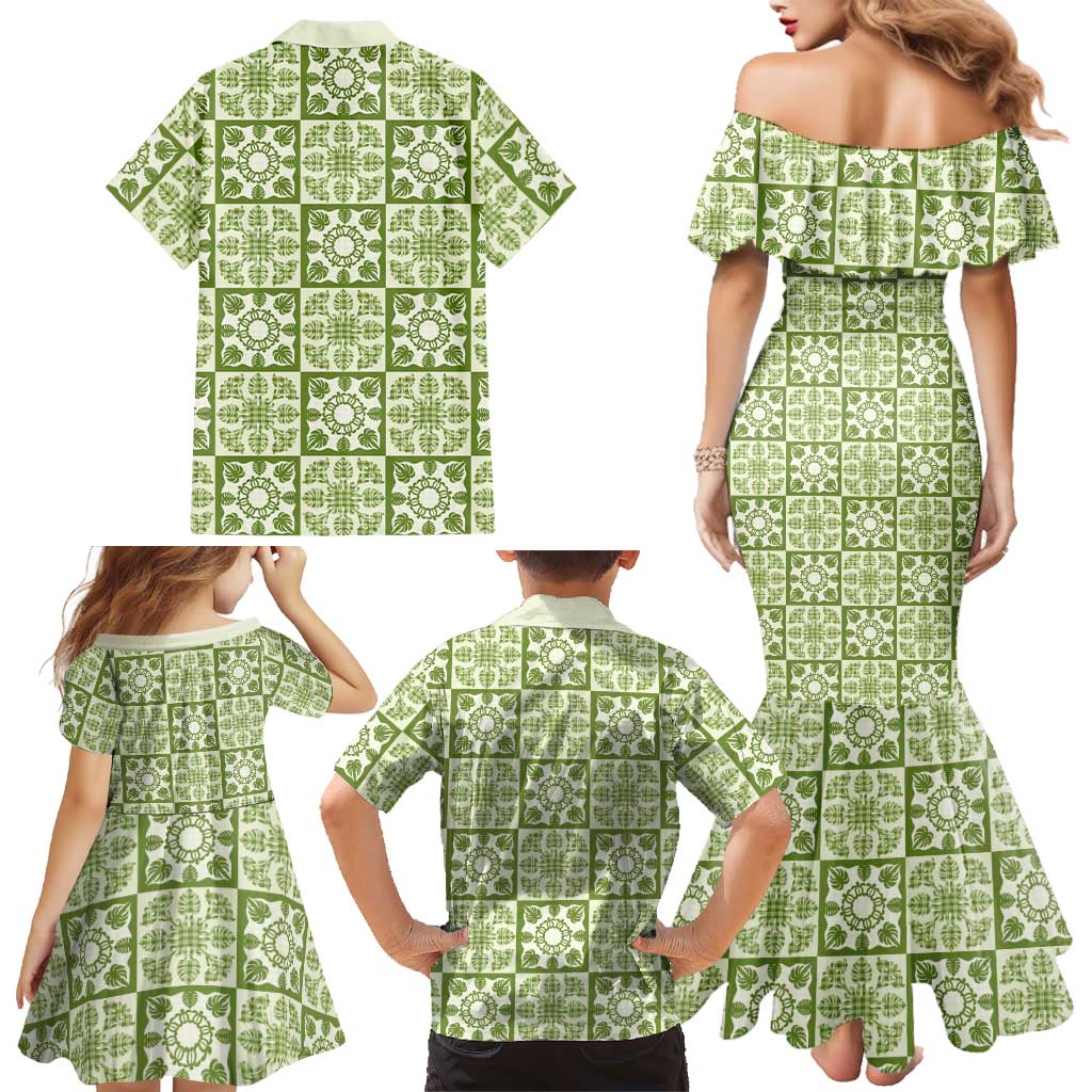 Omaomao Palaka Quilt Hawaii Family Matching Mermaid Dress and Hawaiian Shirt Hawaiian Tropical Monstera Sea Turtle