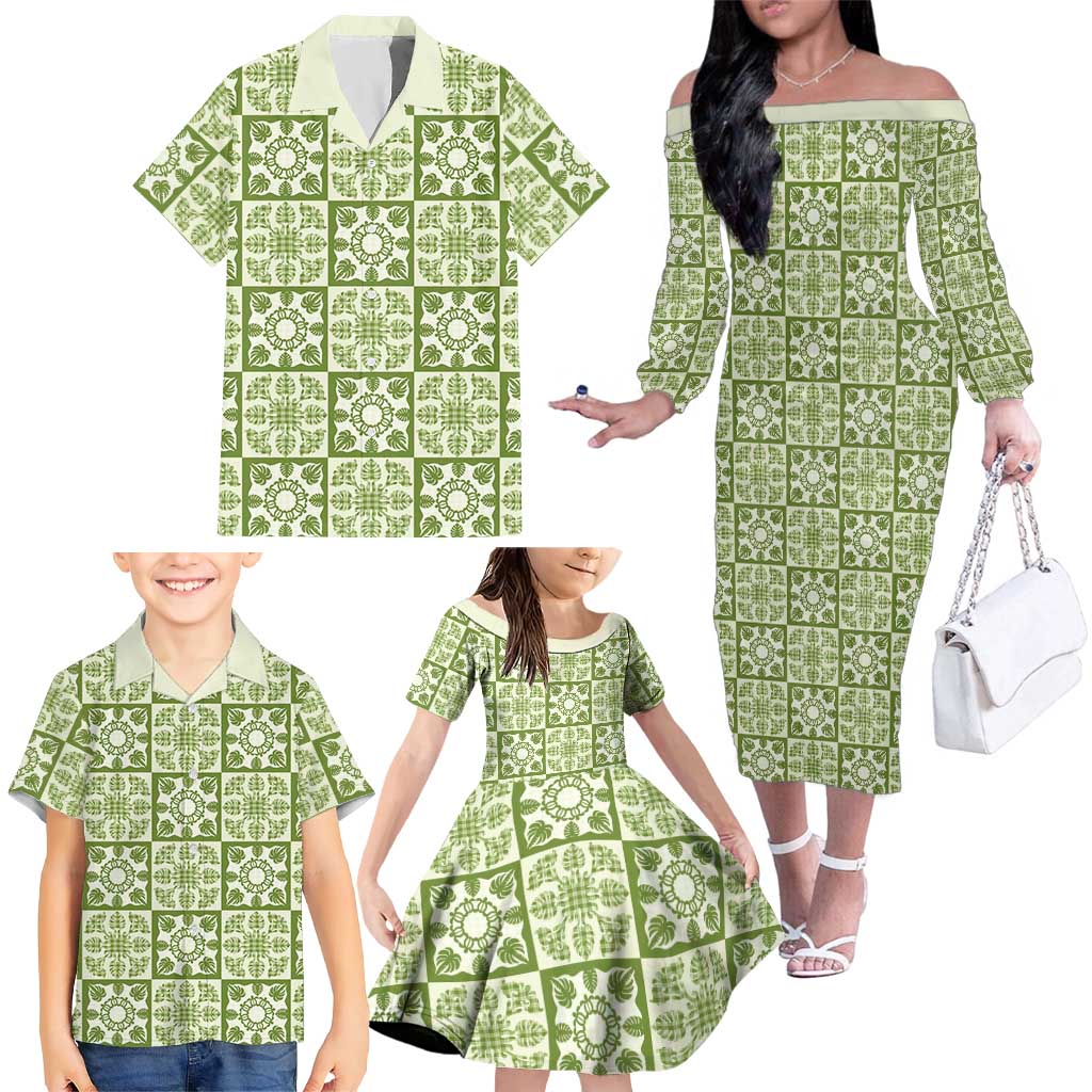 Omaomao Palaka Quilt Hawaii Family Matching Off The Shoulder Long Sleeve Dress and Hawaiian Shirt Hawaiian Tropical Monstera Sea Turtle