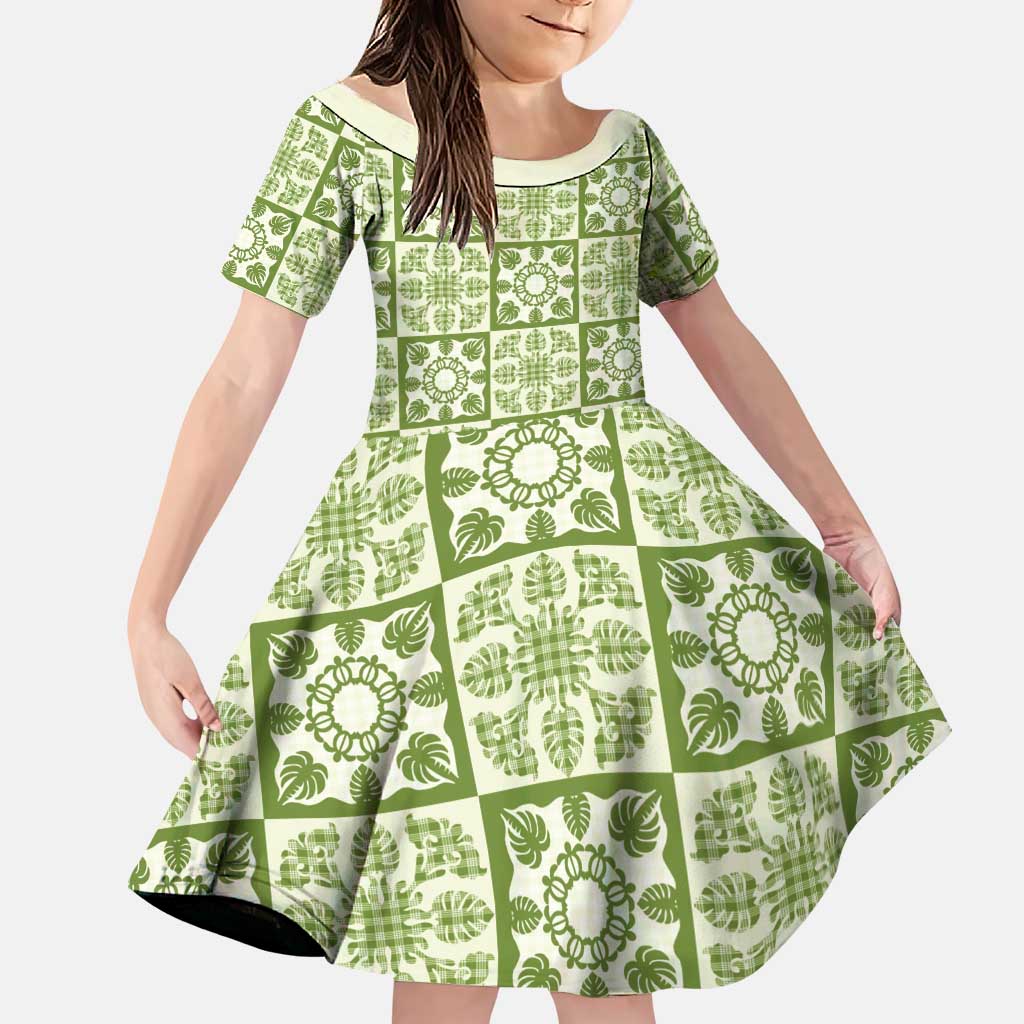 Omaomao Palaka Quilt Hawaii Family Matching Off Shoulder Maxi Dress and Hawaiian Shirt Hawaiian Tropical Monstera Sea Turtle LT14 Daughter's Dress Green - Polynesian Pride