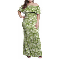 Omaomao Palaka Quilt Hawaii Family Matching Off Shoulder Maxi Dress and Hawaiian Shirt Hawaiian Tropical Monstera Sea Turtle LT14 Mom's Dress Green - Polynesian Pride