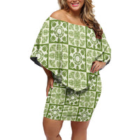 Omaomao Palaka Quilt Hawaii Family Matching Off Shoulder Short Dress and Hawaiian Shirt Hawaiian Tropical Monstera Sea Turtle LT14 Mom's Dress Green - Polynesian Pride