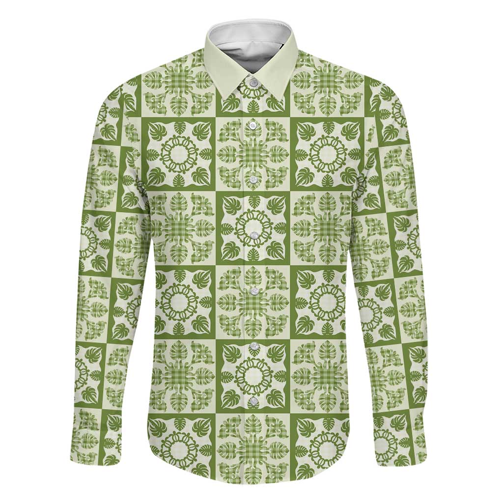 Omaomao Palaka Quilt Hawaii Family Matching Puletasi and Hawaiian Shirt Hawaiian Tropical Monstera Sea Turtle LT14 Dad's Shirt - Long Sleeve Green - Polynesian Pride