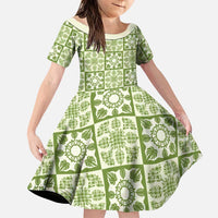 Omaomao Palaka Quilt Hawaii Family Matching Tank Maxi Dress and Hawaiian Shirt Hawaiian Tropical Monstera Sea Turtle LT14 Daughter's Dress Green - Polynesian Pride