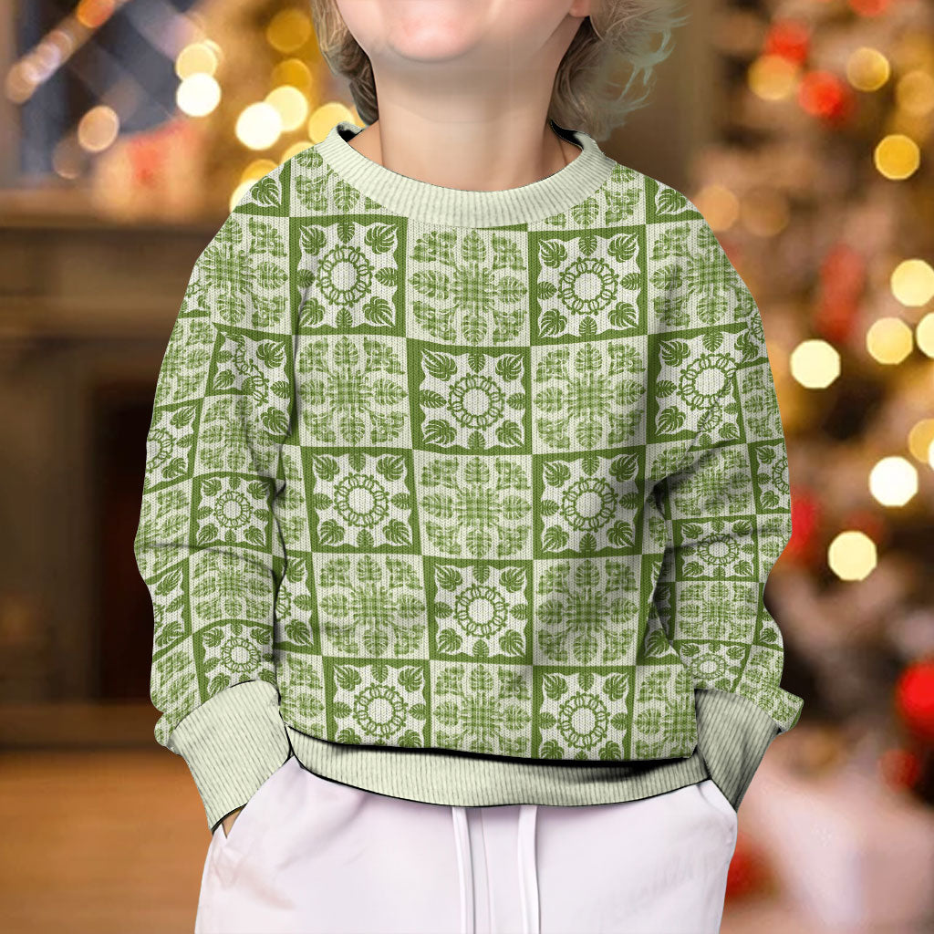 Omaomao Palaka Quilt Hawaii Kid Ugly Christmas Sweater Hawaiian Tropical Monstera Sea Turtle LT14 - Polynesian Pride