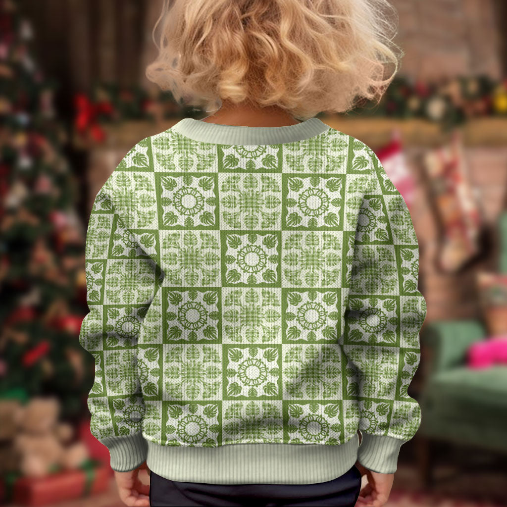 Omaomao Palaka Quilt Hawaii Kid Ugly Christmas Sweater Hawaiian Tropical Monstera Sea Turtle LT14 - Polynesian Pride