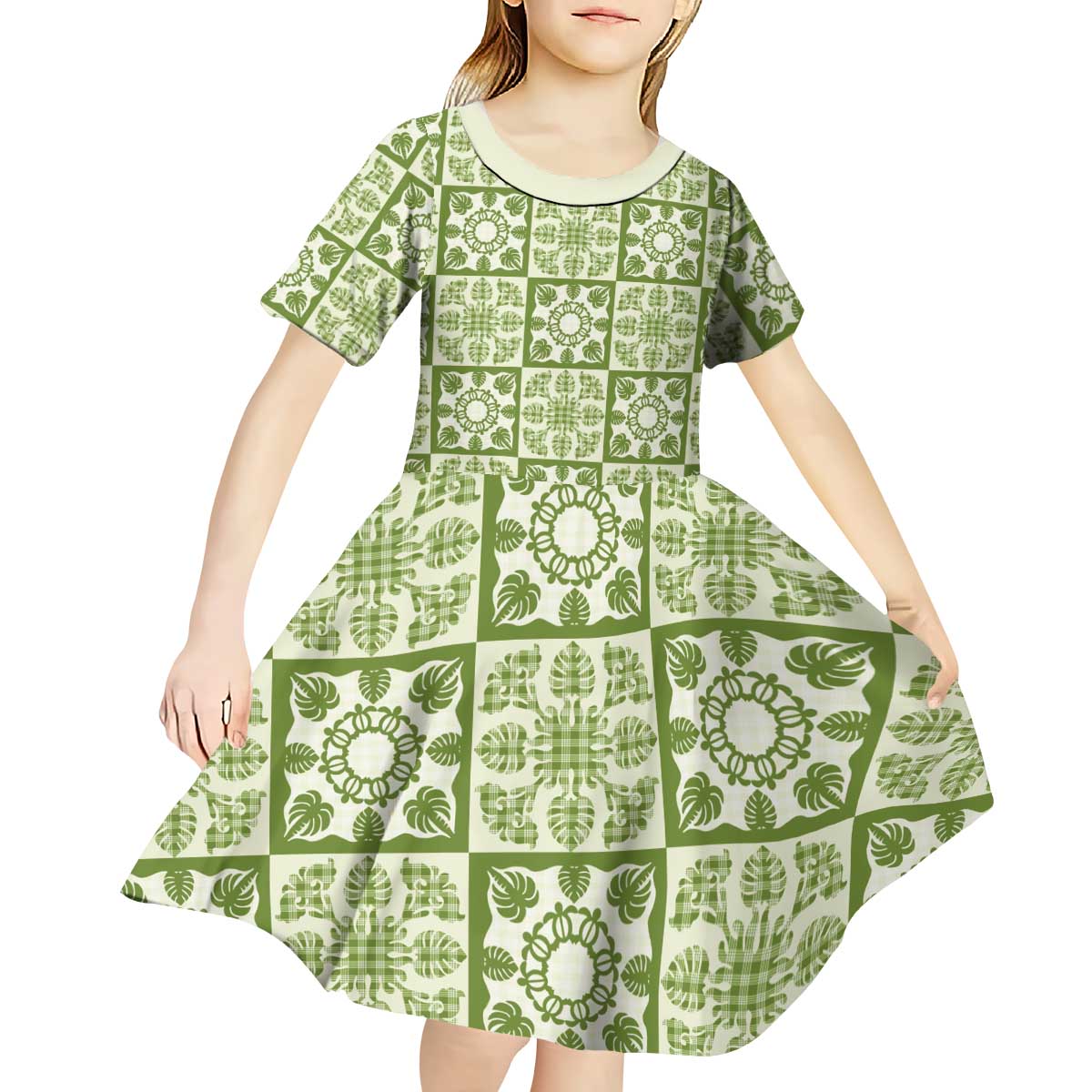 Omaomao Palaka Quilt Hawaii Kid Short Sleeve Dress Hawaiian Tropical Monstera Sea Turtle LT14 - Polynesian Pride