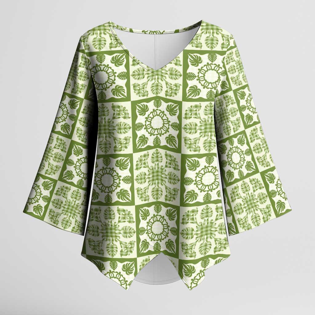 Omaomao Palaka Quilt Hawaii Kimono Sleeve Blouse Hawaiian Tropical Monstera Sea Turtle LT14 Female Green - Polynesian Pride