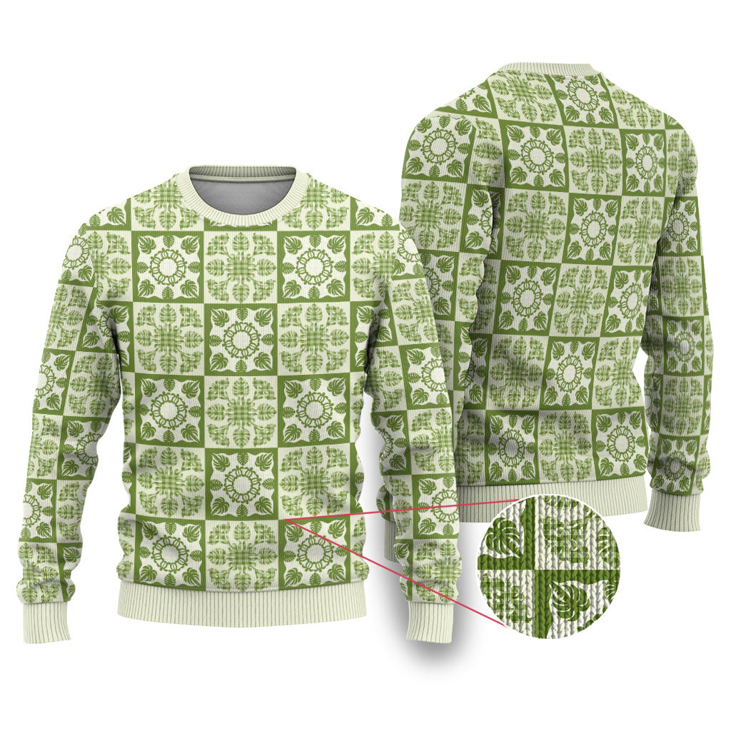 Omaomao Palaka Quilt Hawaii Ugly Christmas Sweater Hawaiian Tropical Monstera Sea Turtle LT14 Green - Polynesian Pride