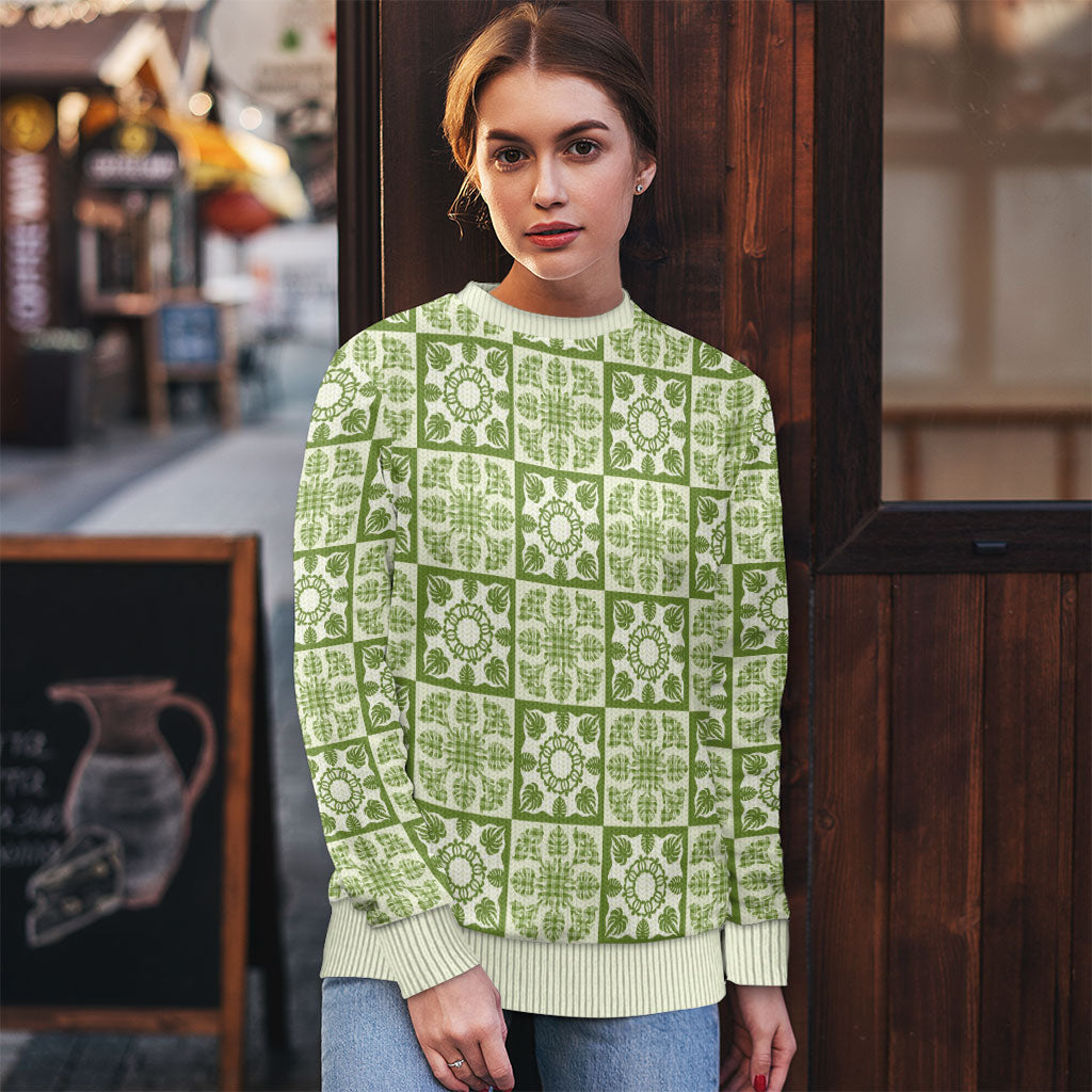 Omaomao Palaka Quilt Hawaii Ugly Christmas Sweater Hawaiian Tropical Monstera Sea Turtle LT14 - Polynesian Pride