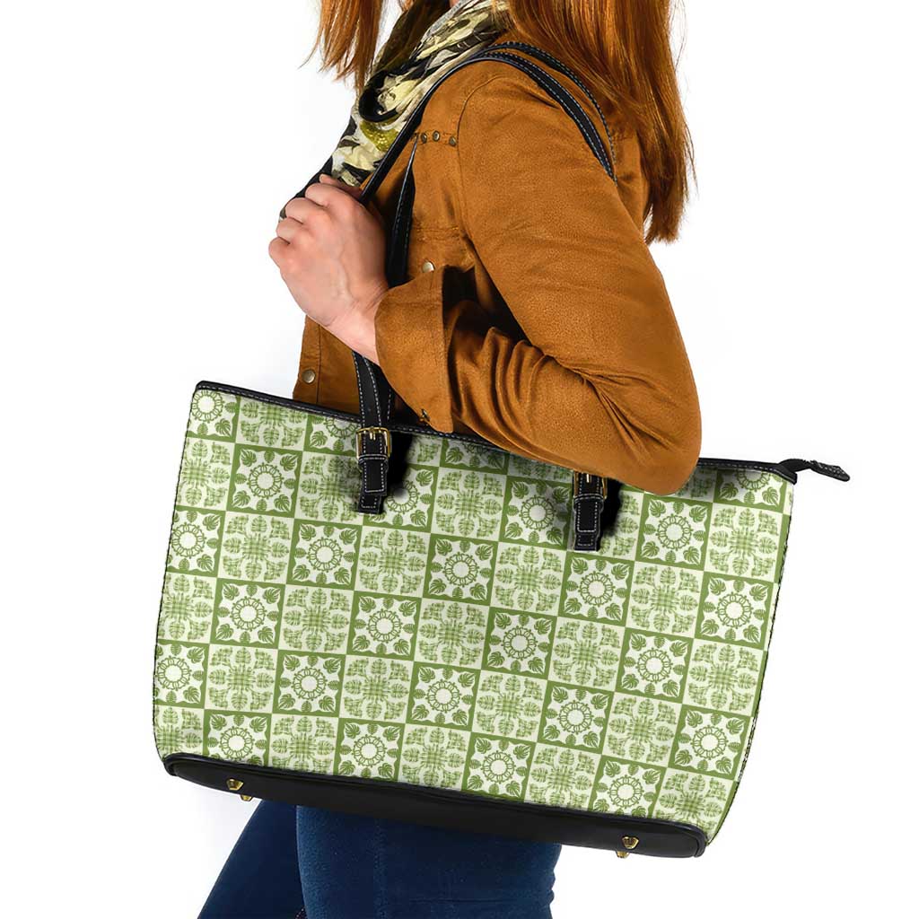 Omaomao Palaka Quilt Hawaii Leather Tote Bag Hawaiian Tropical Monstera Sea Turtle LT14 Green - Polynesian Pride