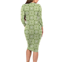 Omaomao Palaka Quilt Hawaii Long Sleeve Bodycon Dress Hawaiian Tropical Monstera Sea Turtle LT14 - Polynesian Pride